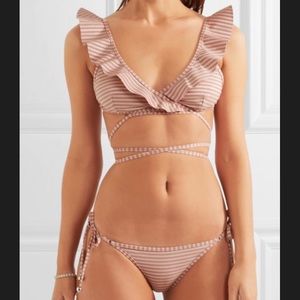 Women’s Ruffle Striped Bikini in Pink Size Small